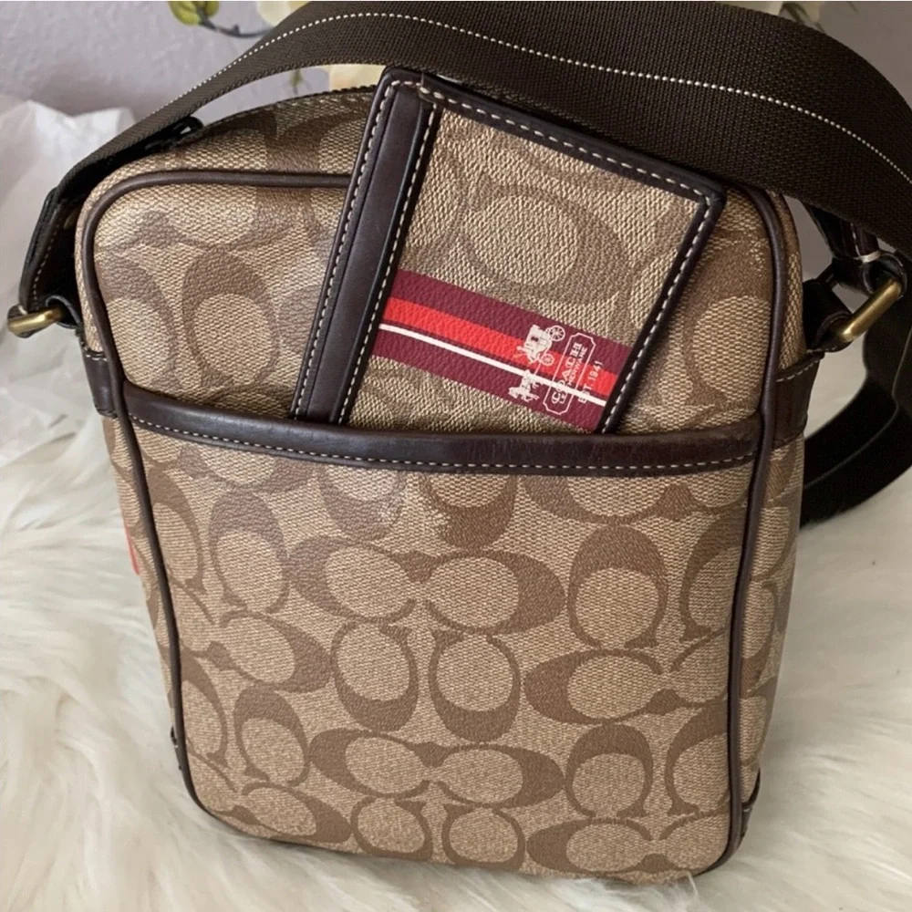 Vintage Coach Tan Messenger Bag with Red and Black Stripes